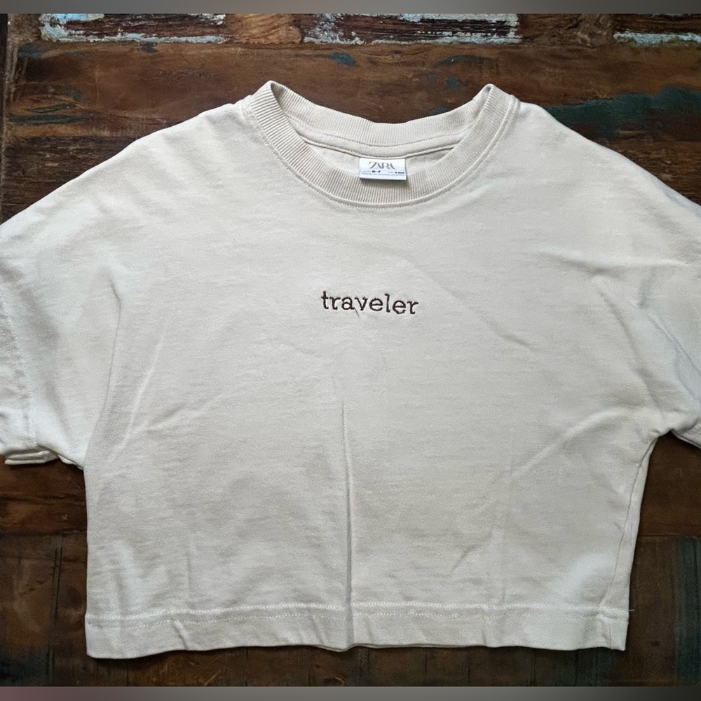 Zara Beige Traveler Embroidered Crop Top